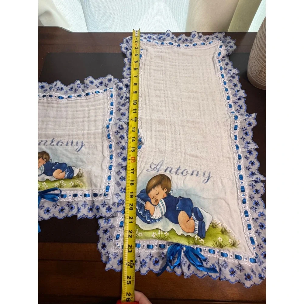 Vintage Antony Personalized Baby Burp Cloth and Towel Set Blue Eyelet Lace Trim